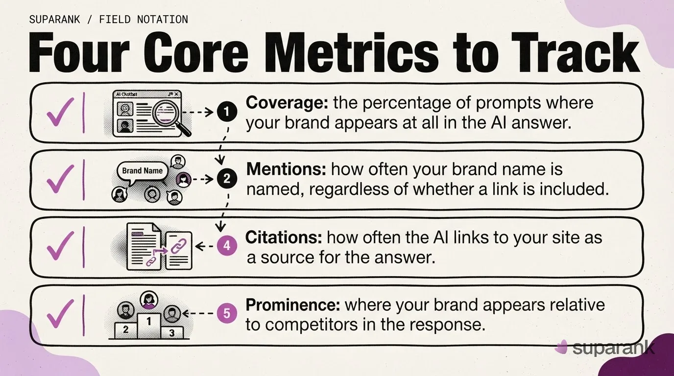 Checklist of four core AI visibility metrics to track: coverage, mentions, citations, and prominence
